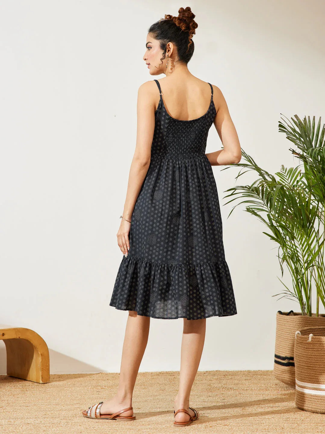 Janasya Women's Navy Blue Pure Cotton Ethnic Motifs Printed A-line Dress