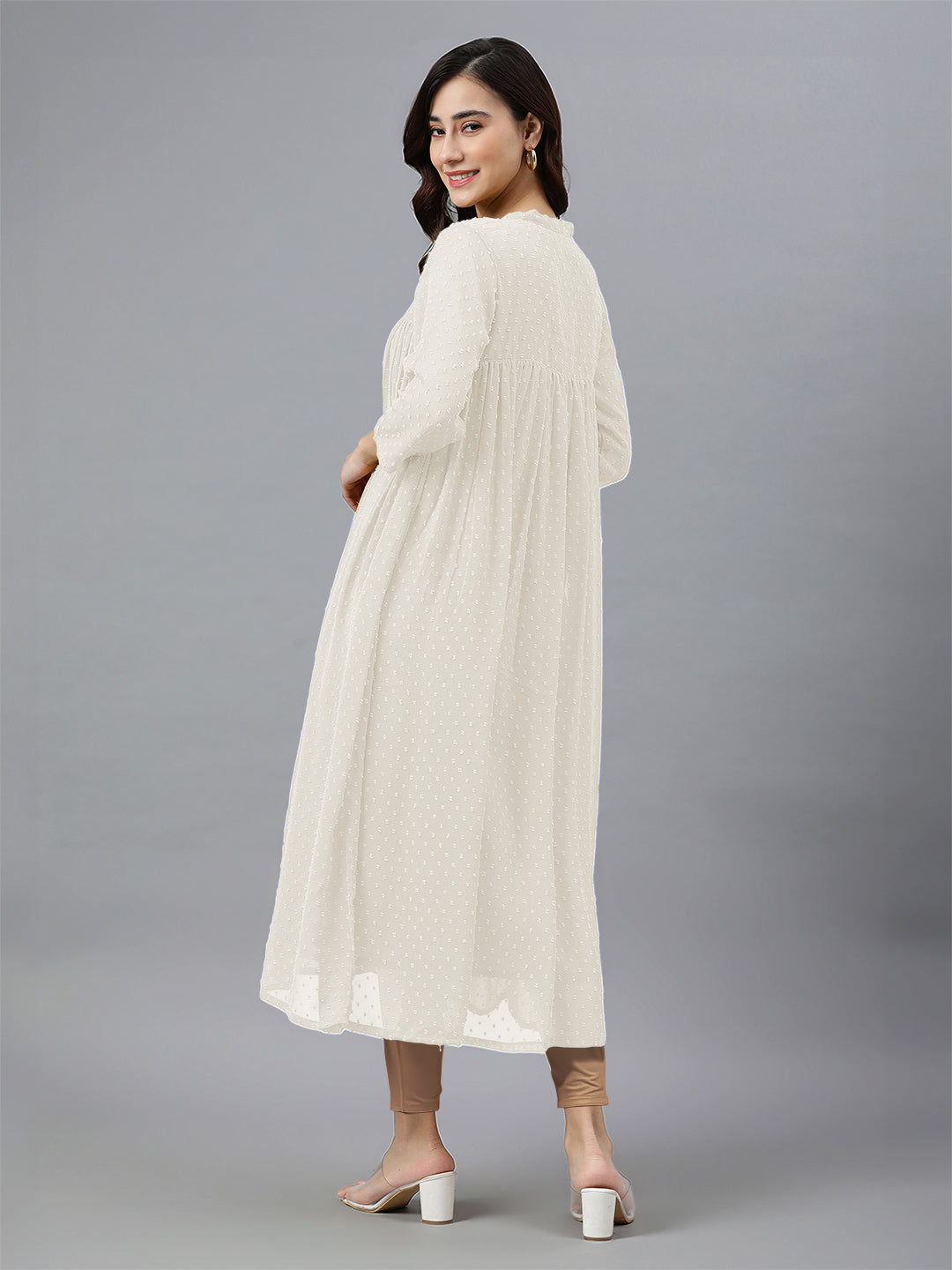 Off White Dobby Chiffon Self Design Flared Kurta - qivii
