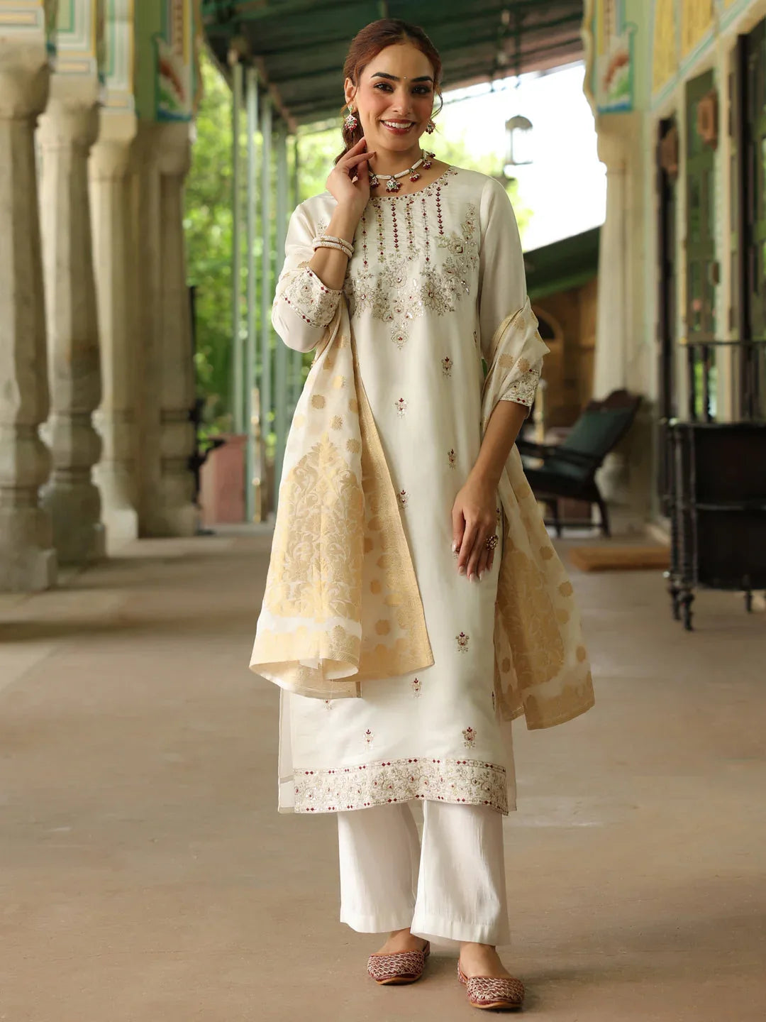 Janasya Women's Off White Chanderi Silk Embroidered Straight Kurta Set