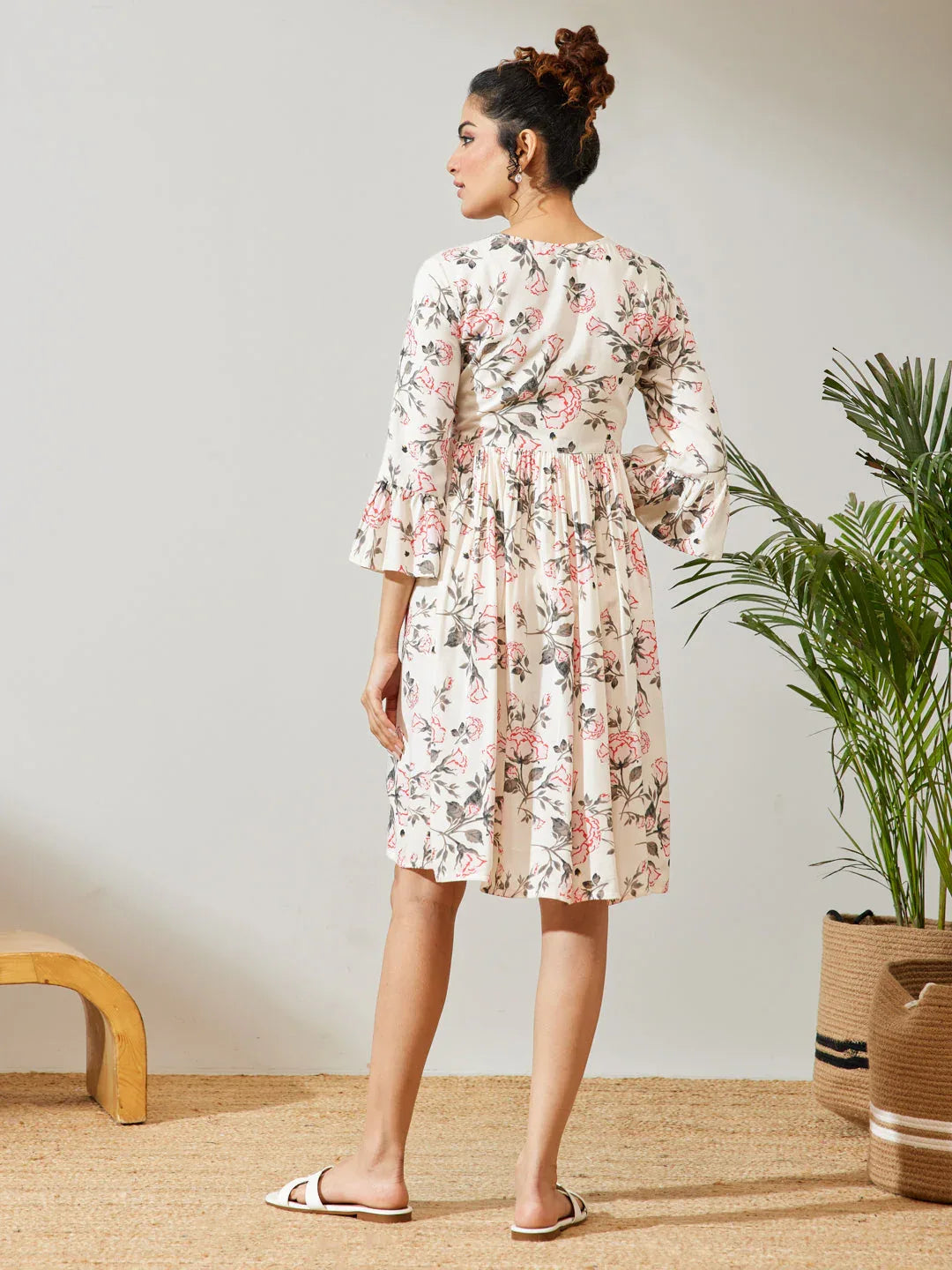 Janasya Women's Off White Rayon Floral Printed A-line Dress