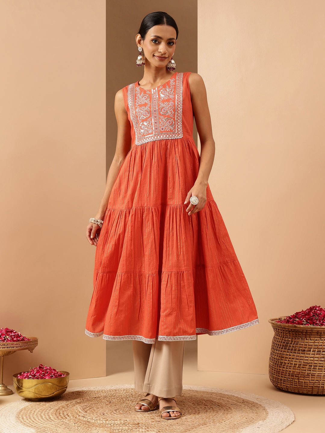 Janasya Women's Orange Pure Cotton Yoke Embroidered Tiered Kurta - qivii