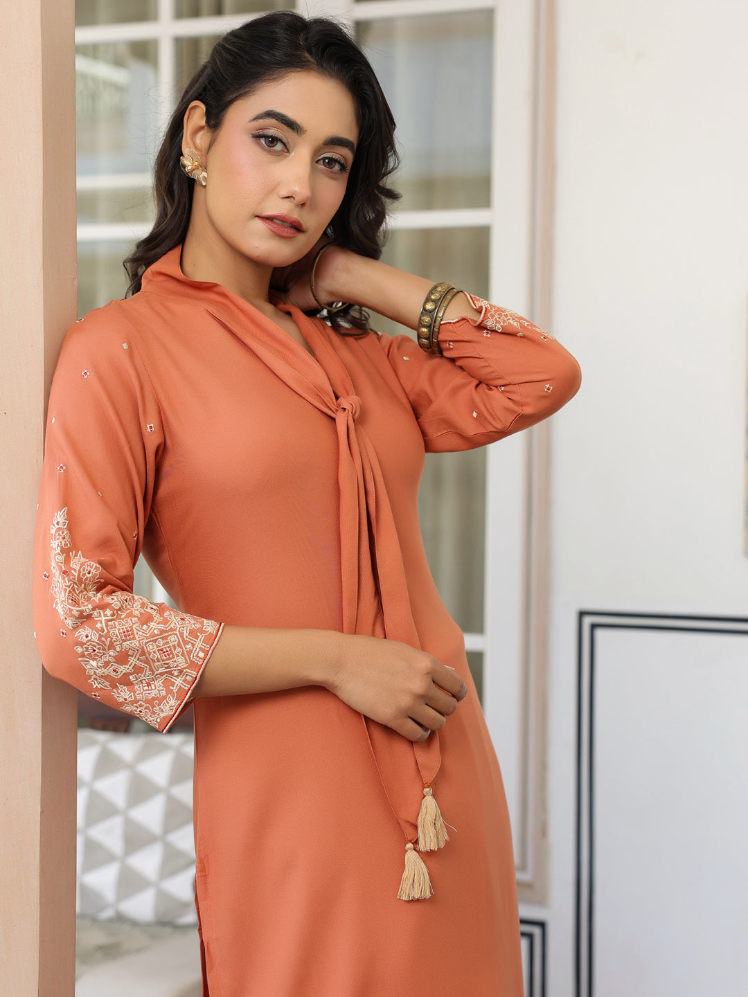 Peach Rayon Solid Straight Kurta - qivii
