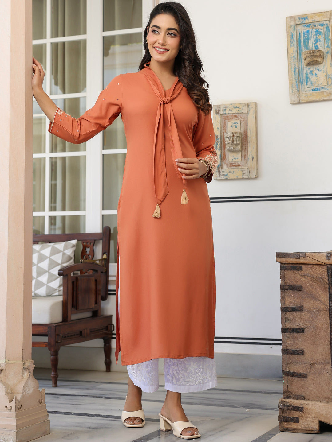 Peach Rayon Solid Straight Kurta - qivii