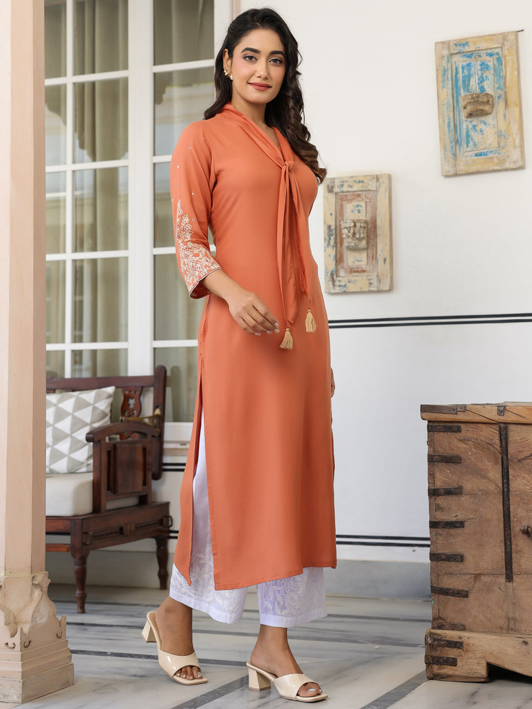 Peach Rayon Solid Straight Kurta - qivii
