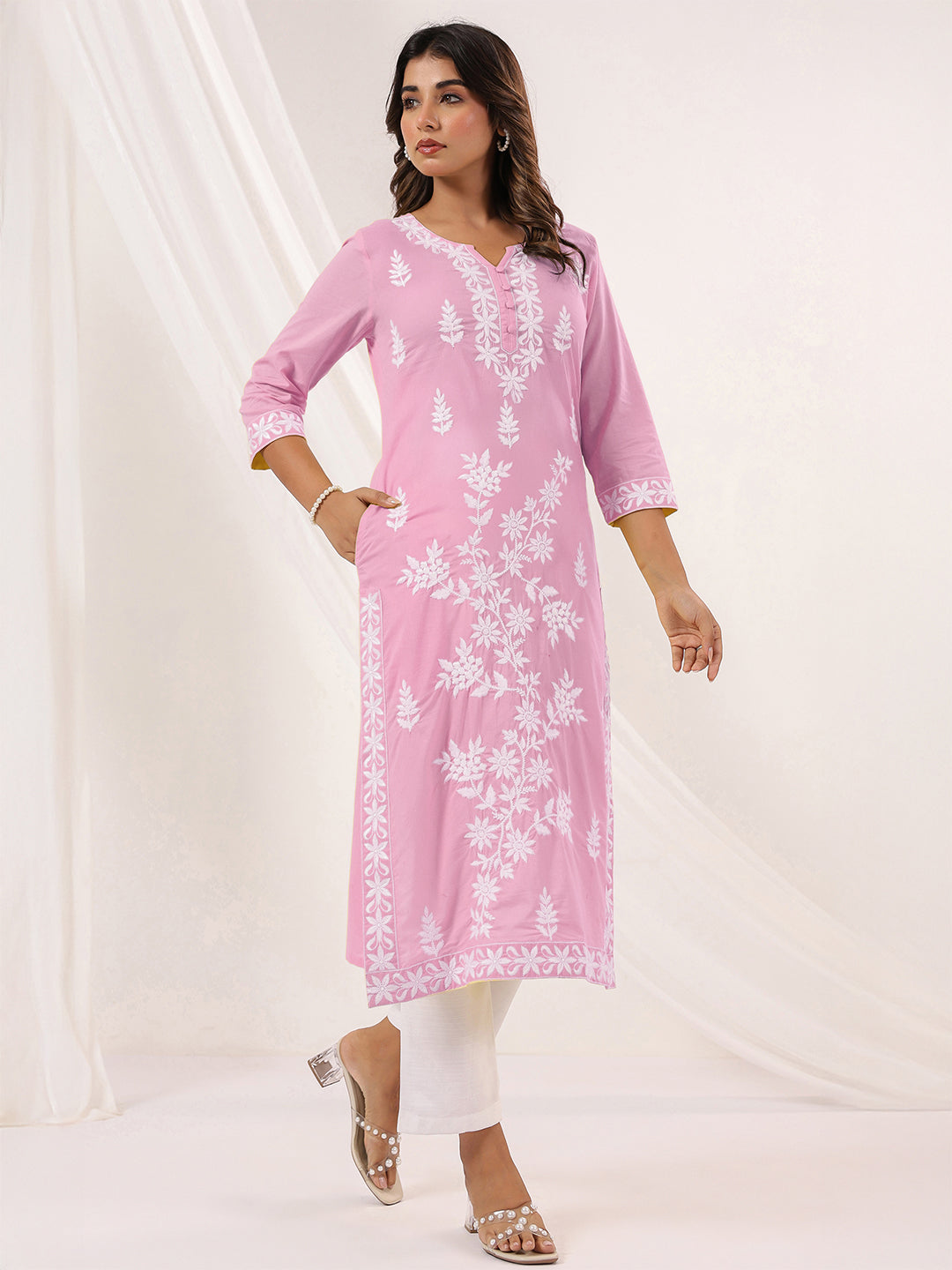 Janasya Women's Light Pink Pure Cotton Embroidered Straight Kurta - qivii