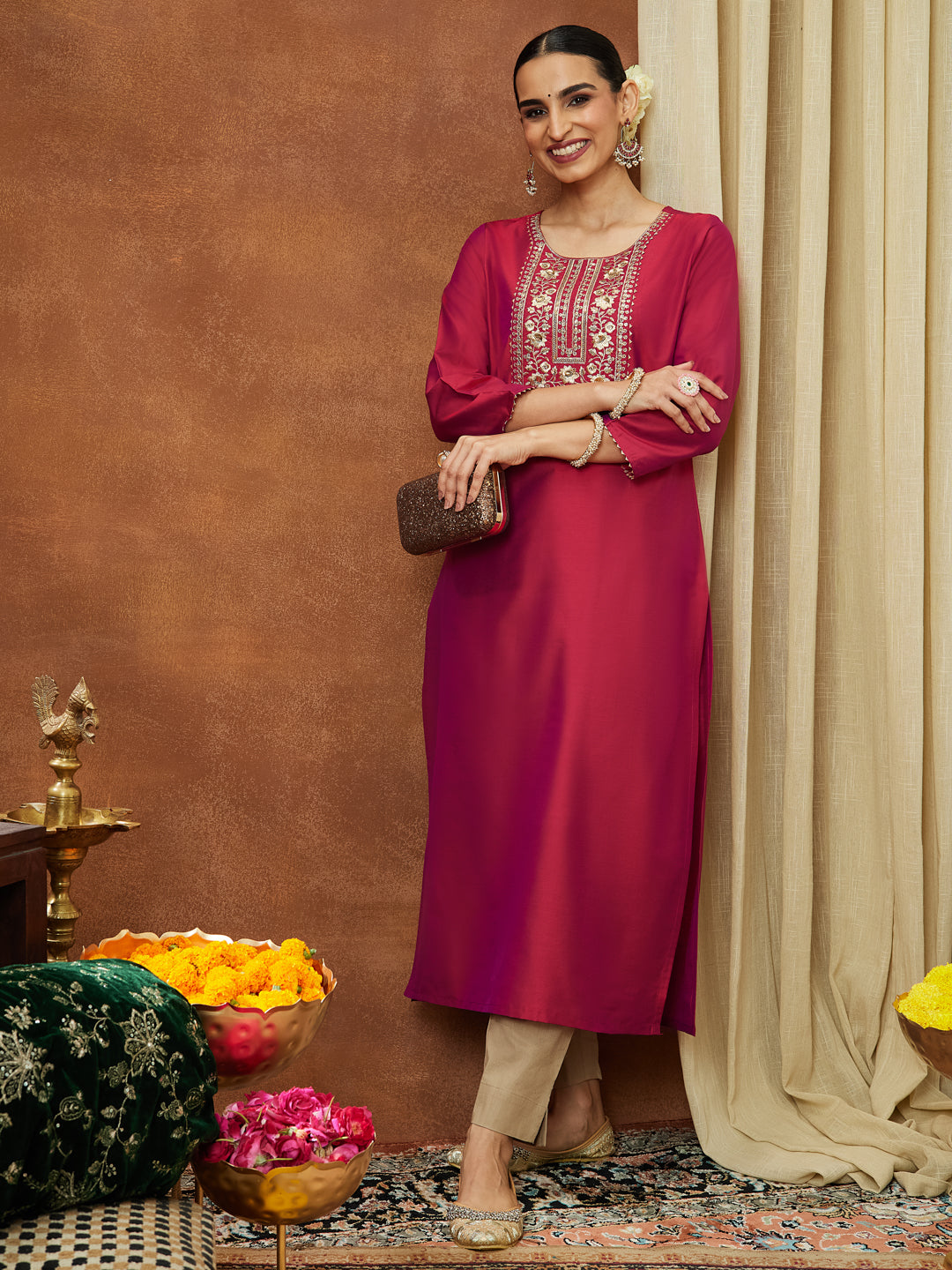 Janasya Women's Pink Chanderi Silk Zari Yoke Embroidered Straight Kurta - qivii