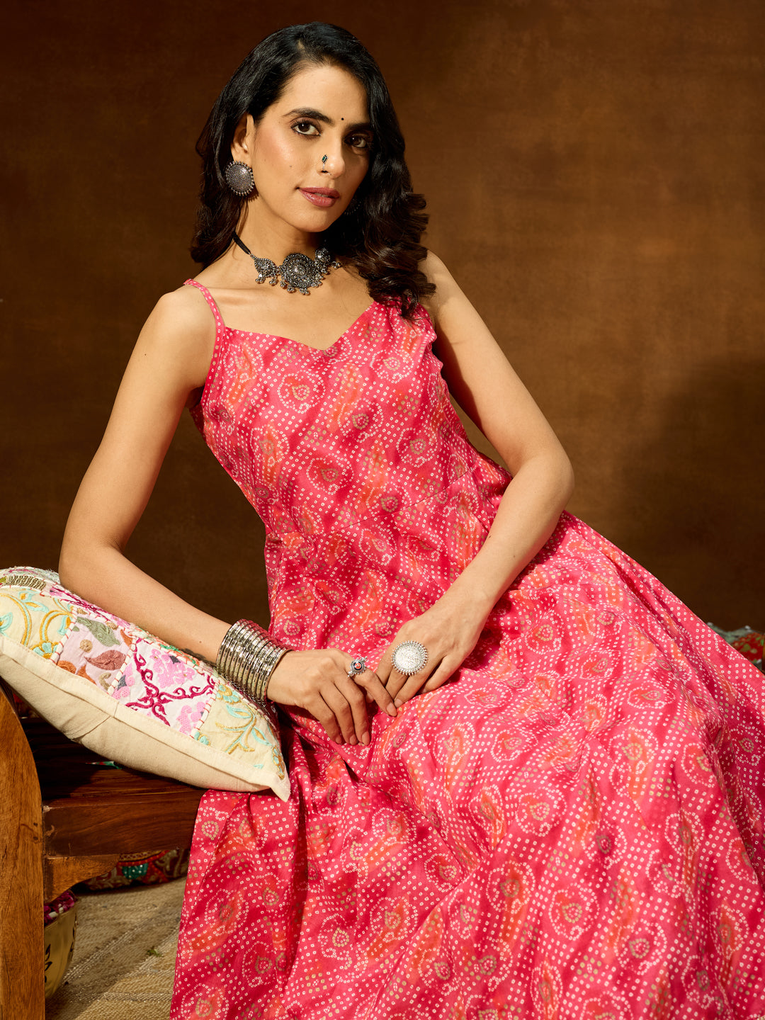 Janasya Women's Pink Pure Cotton Bandhani Printed Anarkali Kurta - qivii