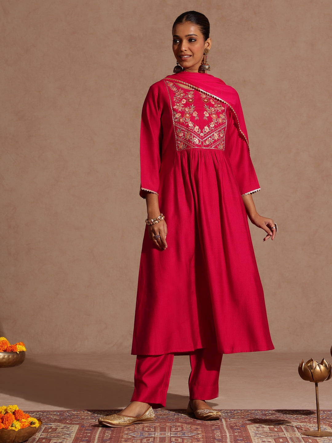 Janasya Women's Pink Silk Blend Yoke Embroidered A-line Kurta Set - qivii