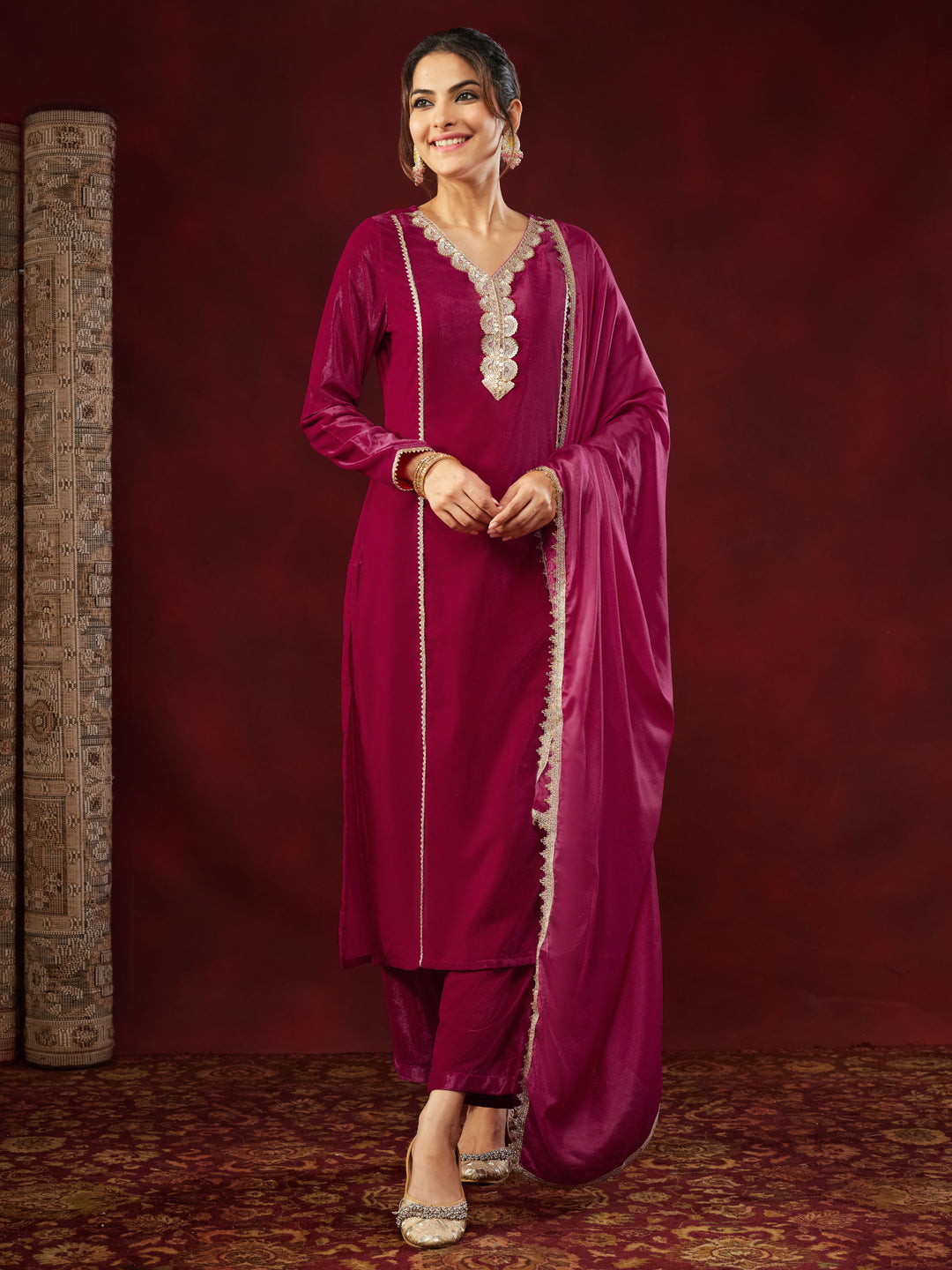Janasya Women's Pink Velvet Embellished Straight Kurta Set