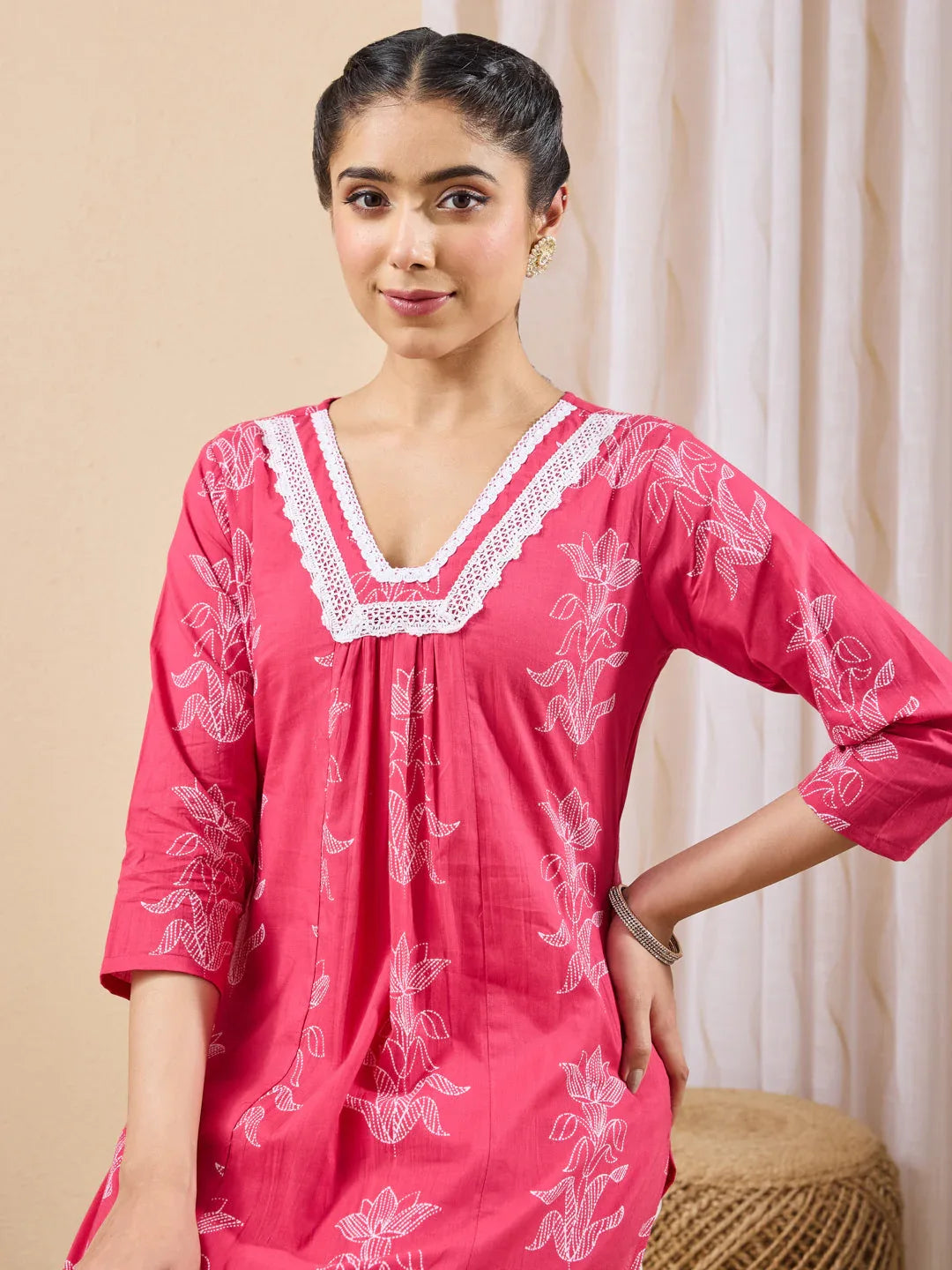 Janasya Women's Pink Pure Cotton Floral Printed A-line Kurta Pant Set