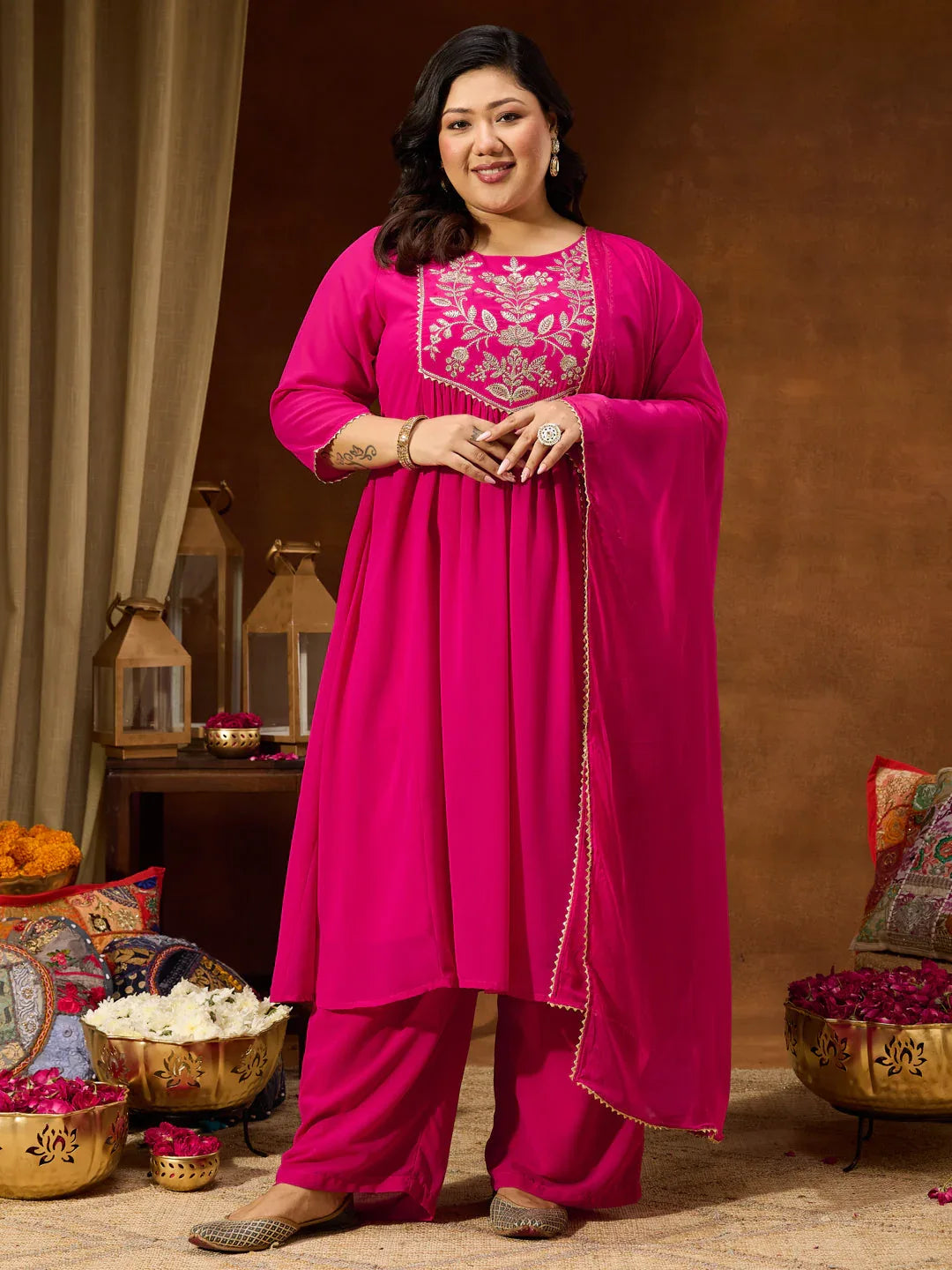 Janasya Women's Plus Size Pink Georgette Yoke Zari Embroidered A-line Kurta Set