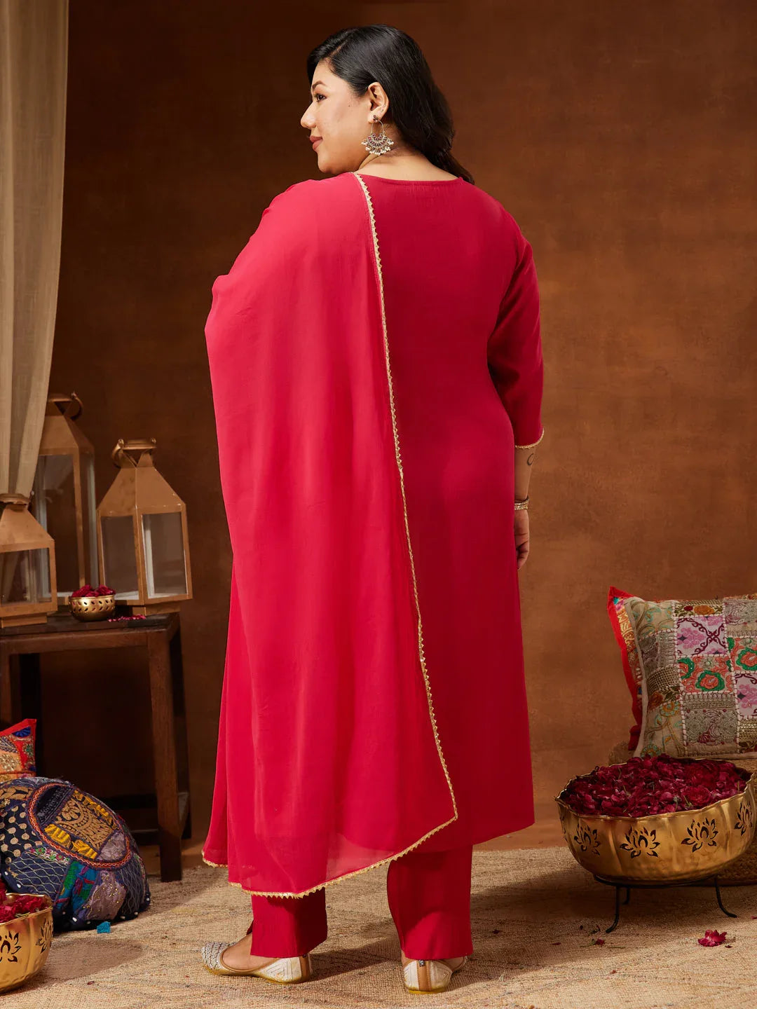 Janasya Women's Plus Size Pink Silk Blend Yoke Embroidered A-line Kurta Set
