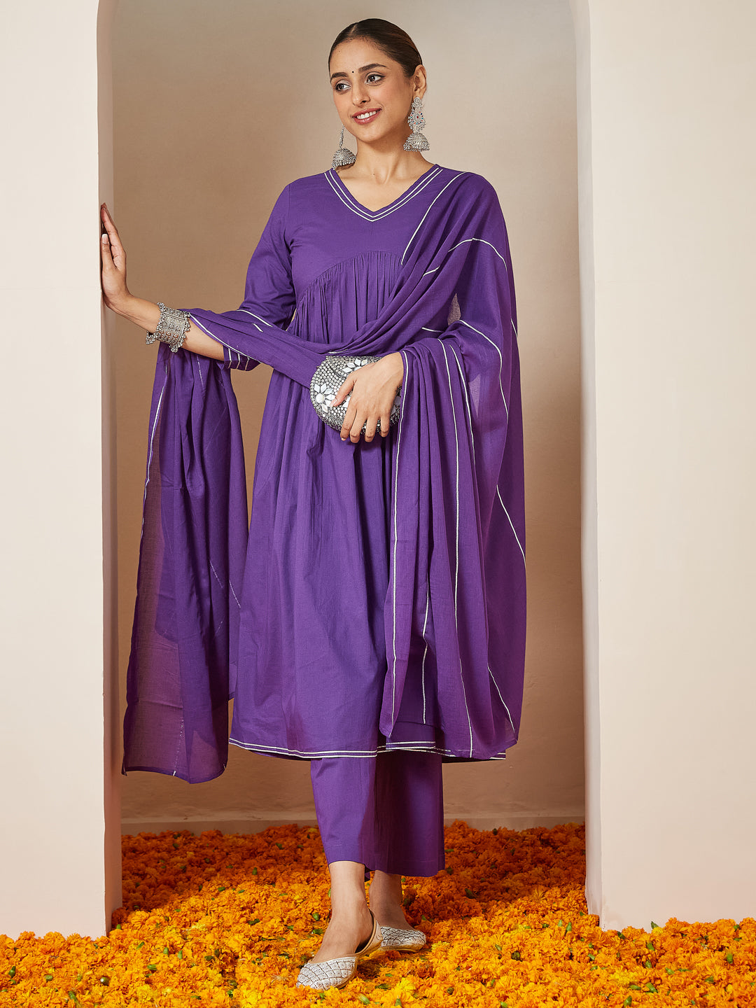 Janasya Women's Purple Pure Cotton Embellished A-line Kurta Set - qivii