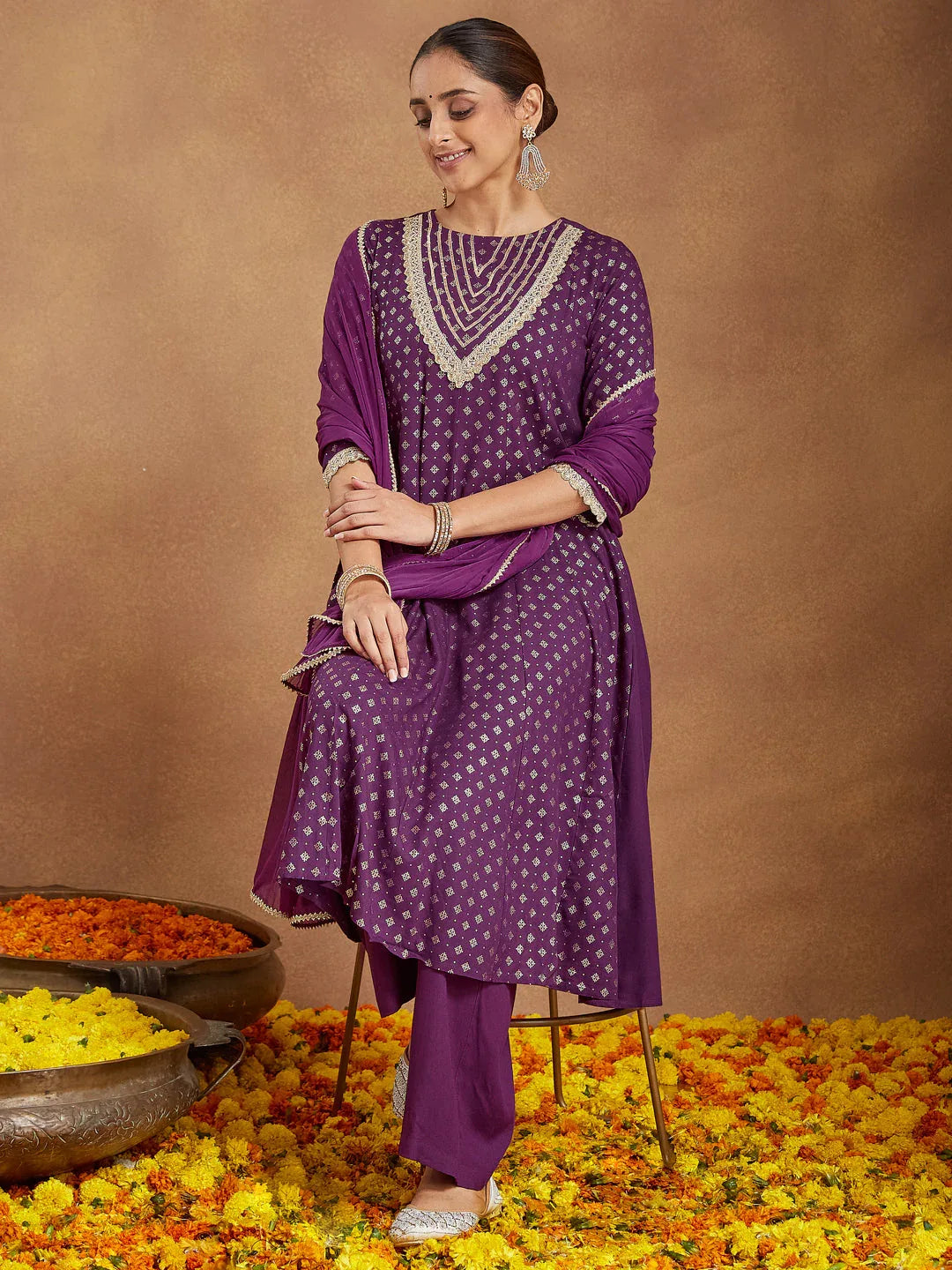Janasya Women's Purple Rayon Embellished Gold Printed Anarkali Kurta Set