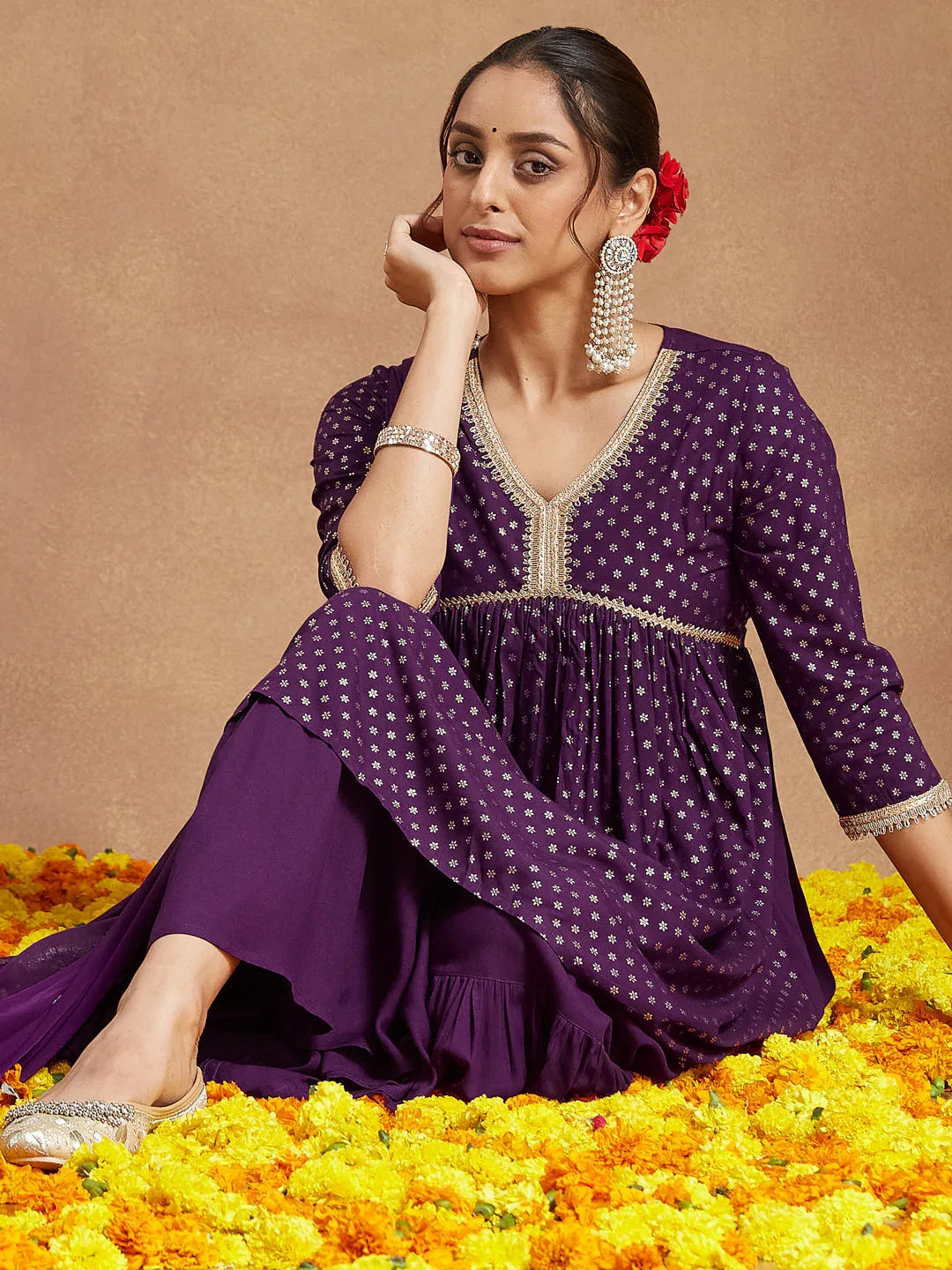 Janasya Women's Purple Rayon Gold Printed A-line Kurta With Sharara & Dupatta Set