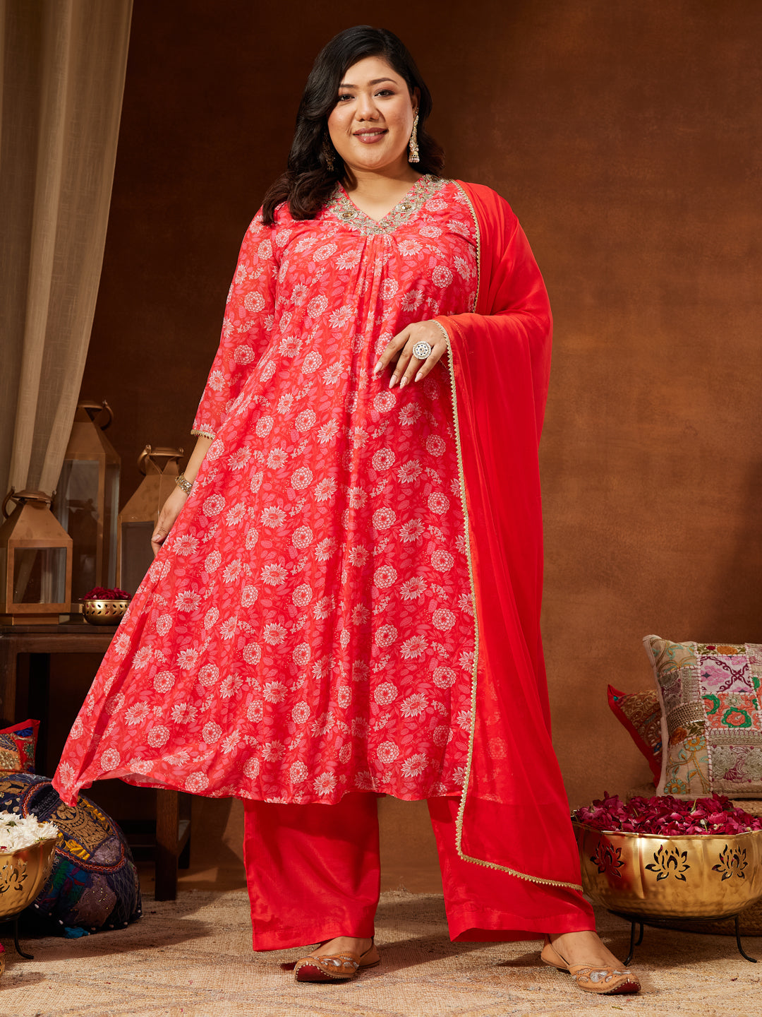 Janasya Women's Plus Size Red Georgette Embellished Floral Printed A-line Kurta Set - qivii