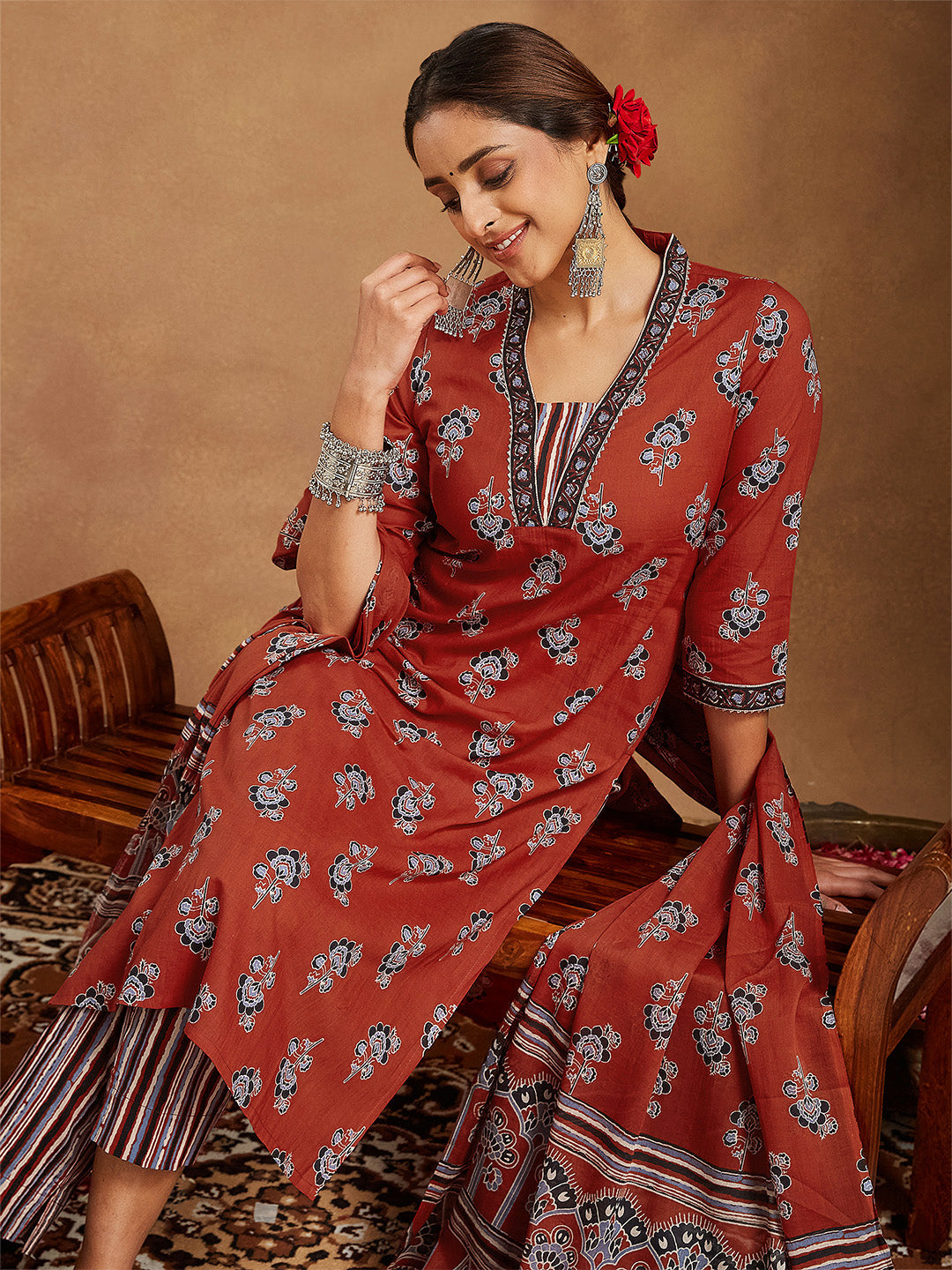 Janasya Women's Rust Pure Cotton Floral Printed Straight Kurta Set - qivii