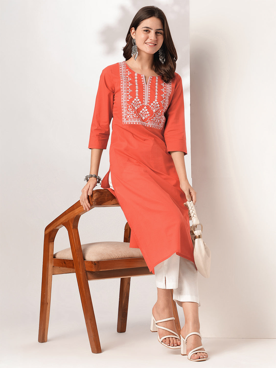 Janasya Women's Rust Pure Cotton Yoke Embroidered Straight Kurta - qivii