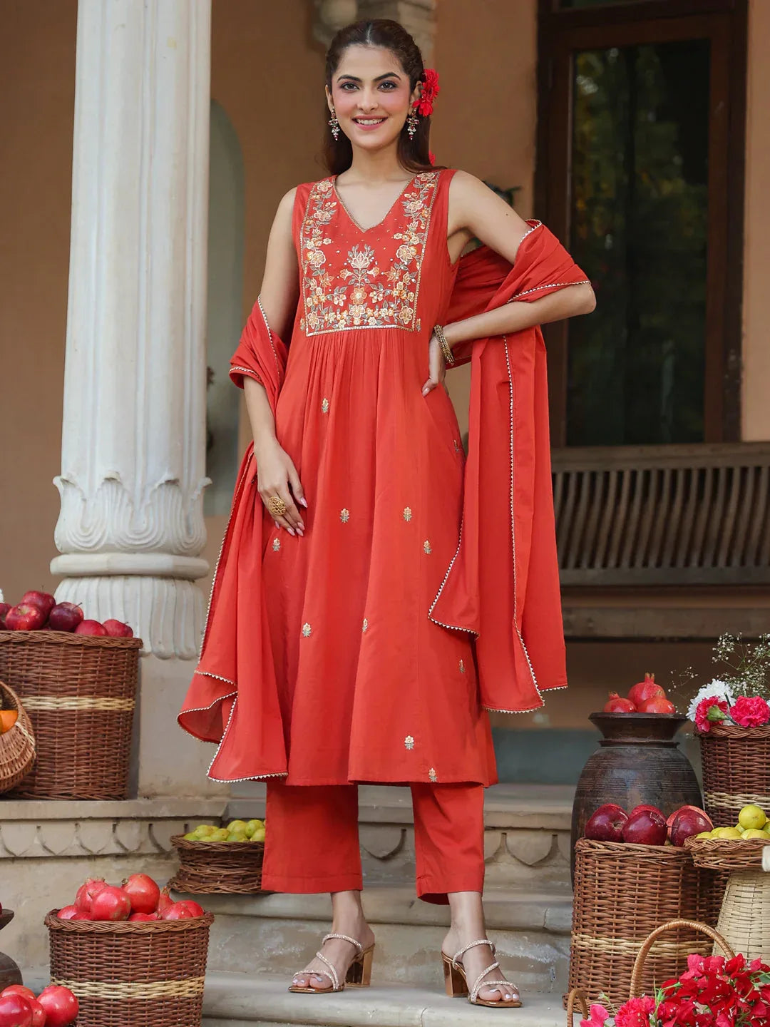 Janasya Women's Rust Pure Cotton Embroidered A-line Kurta Set