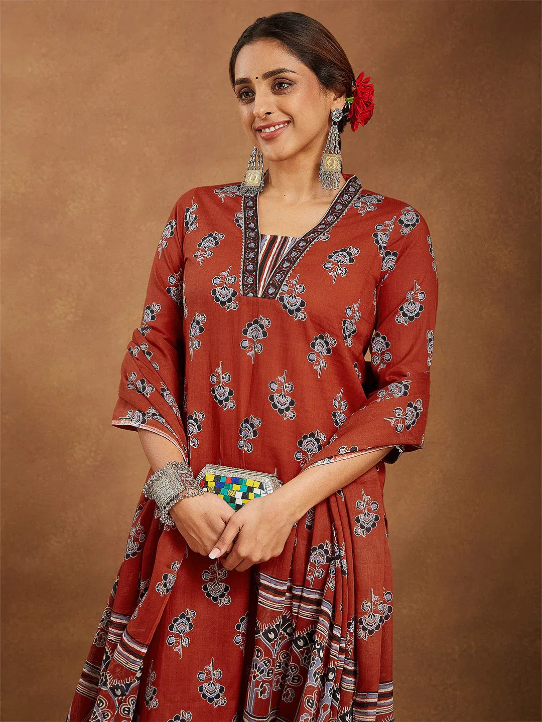 Janasya Women's Rust Pure Cotton Floral Printed Straight Kurta Set