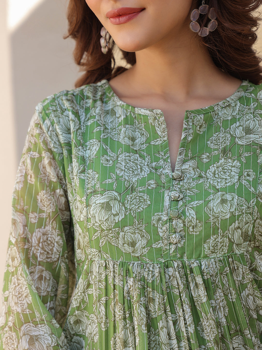 Janasya Women's Green Chiffon Lurex Floral Printed A-line Kurta - qivii