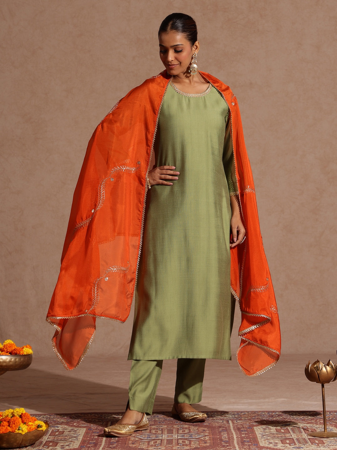Janasya Women's Sage Green Silk Blend Embellished Straight Kurta Set - qivii