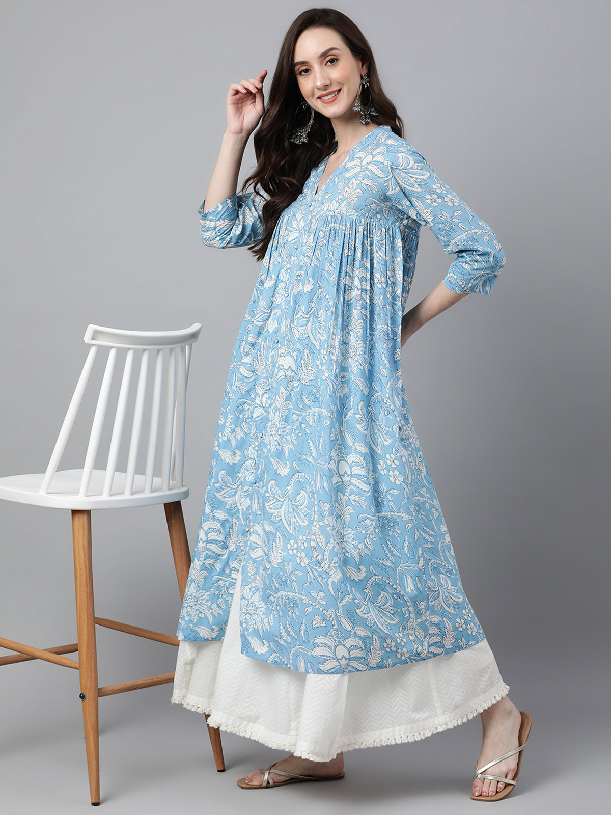 Sky Blue Cotton Floral Print Flared Kurta - qivii