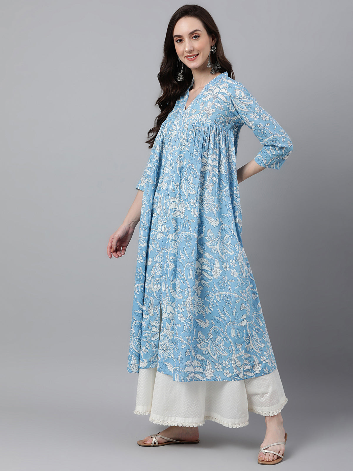 Sky Blue Cotton Floral Print Flared Kurta - qivii