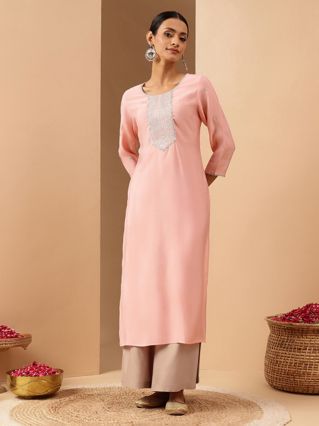 Janasya Women's Soft Pink Chanderi Silk Zari Embroidered Straight Kurta - qivii