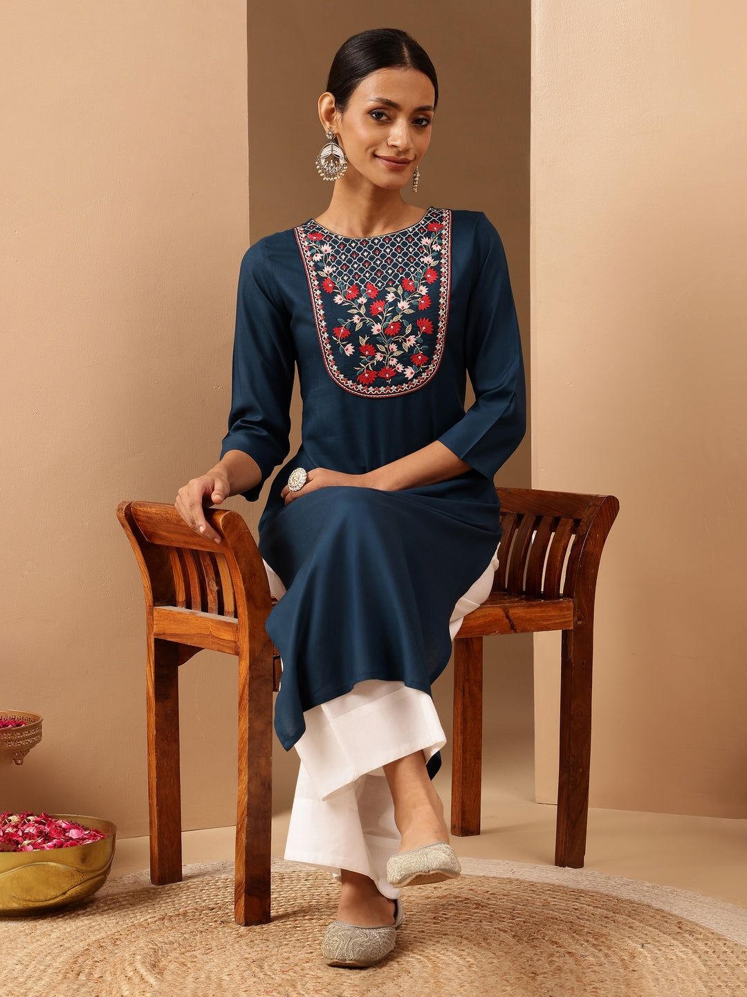 Janasya Women's Teal Blue Rayon Yoke Embroidered Straight Kurta - qivii