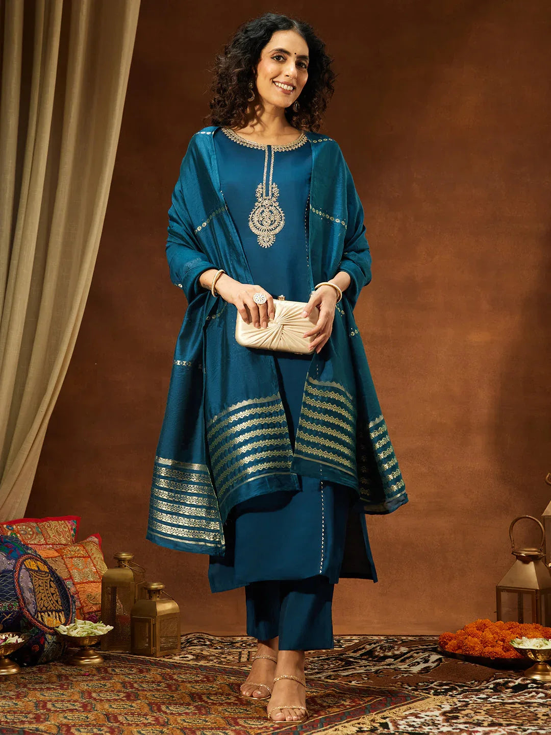 Janasya Women's Teal Chanderi Yoke Embroidery Straight Kurta Set