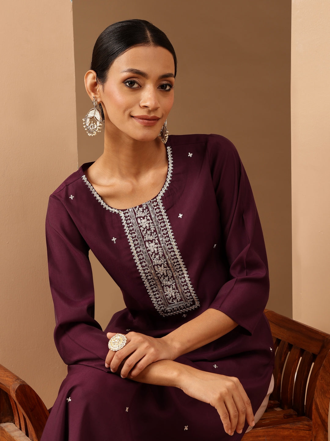 Janasya Women's Wine Chanderi Silk Embroidered Straight Kurta - qivii