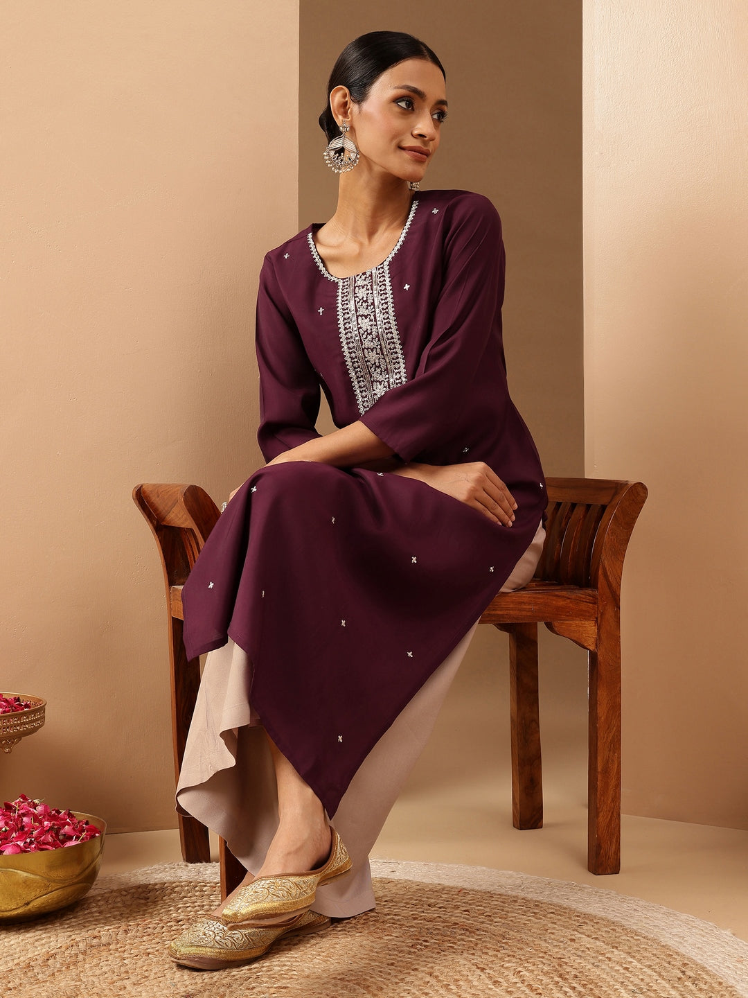 Janasya Women's Wine Chanderi Silk Embroidered Straight Kurta - qivii
