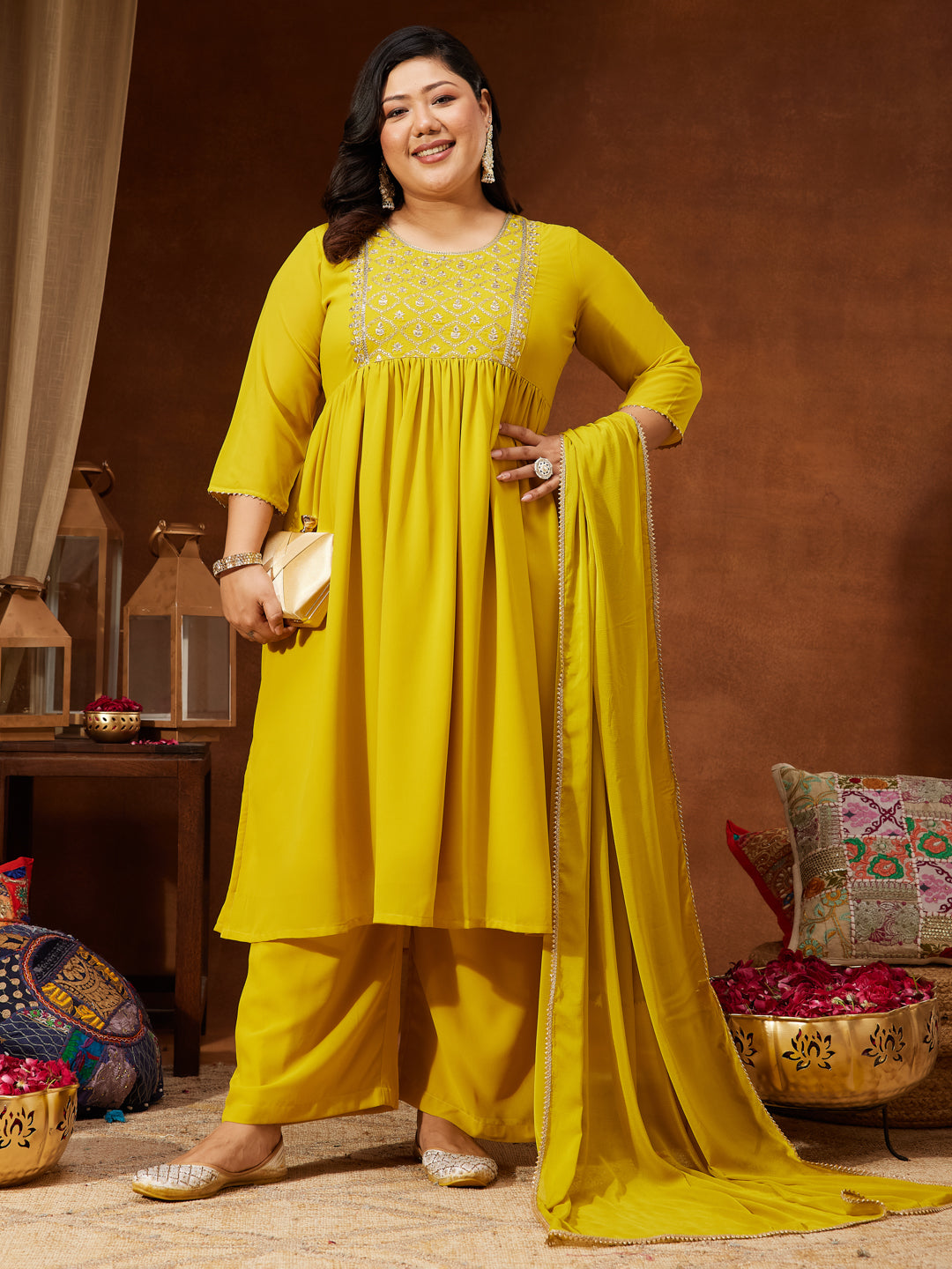 Janasya Women's Plus Size Yellow Georgette Yoke Embroidered A-line Kurta With Palazzo & Dupatta Set - qivii