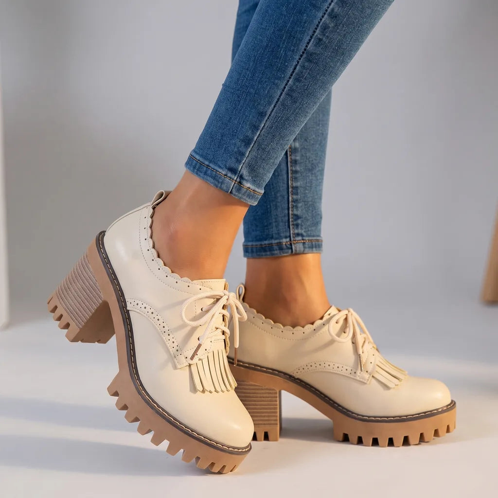 Beige Jasmine women's orthopedic lace-up derbies by Hudson Ridge, stylish footwear with supportive design and classic look.