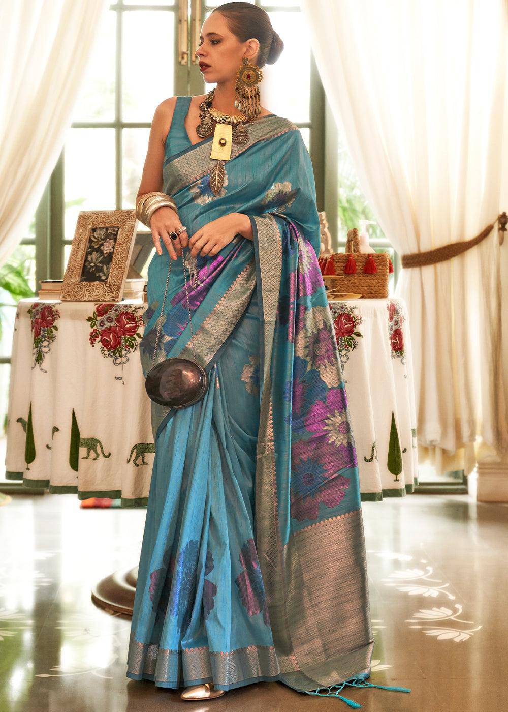 Jay Blue Multi Coloured Zari Handloom Weaving Silk Saree : Top Pick | Stitched Blouse - qivii