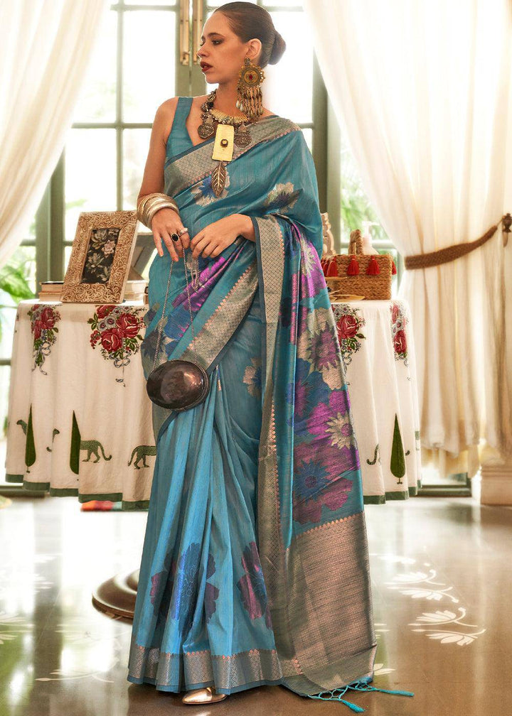 Jay Blue Multi Coloured Zari Handloom Weaving Silk Saree : Top Pick | Stitched Blouse - qivii