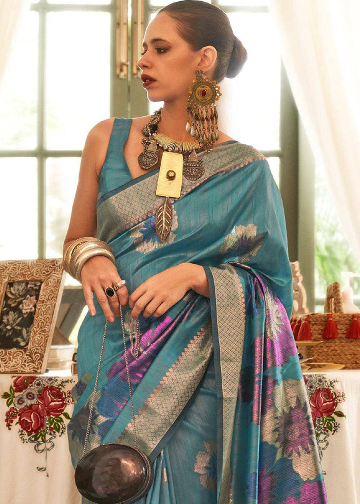 Jay Blue Multi Coloured Zari Handloom Weaving Silk Saree : Top Pick | Stitched Blouse - qivii