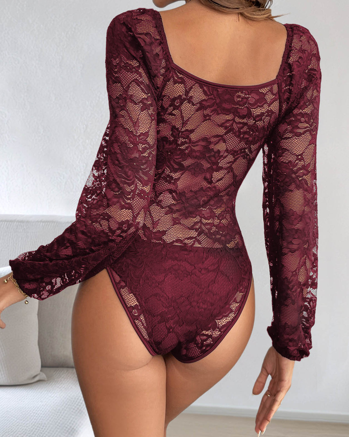 Sexy Long Sleeve Lace Floral Corset Bodysuit