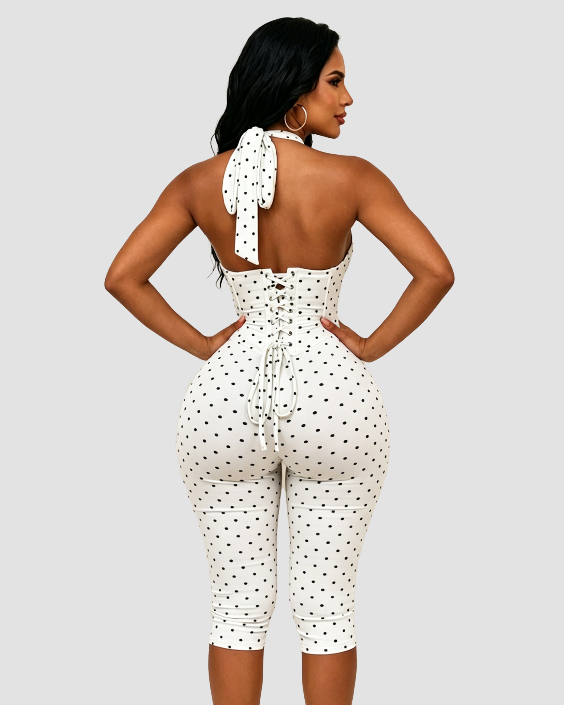 Polka Dot Halter Neck Hourglass Capri Jumpsuit with Detachable Corset Two-Piece Set  - By Qivii