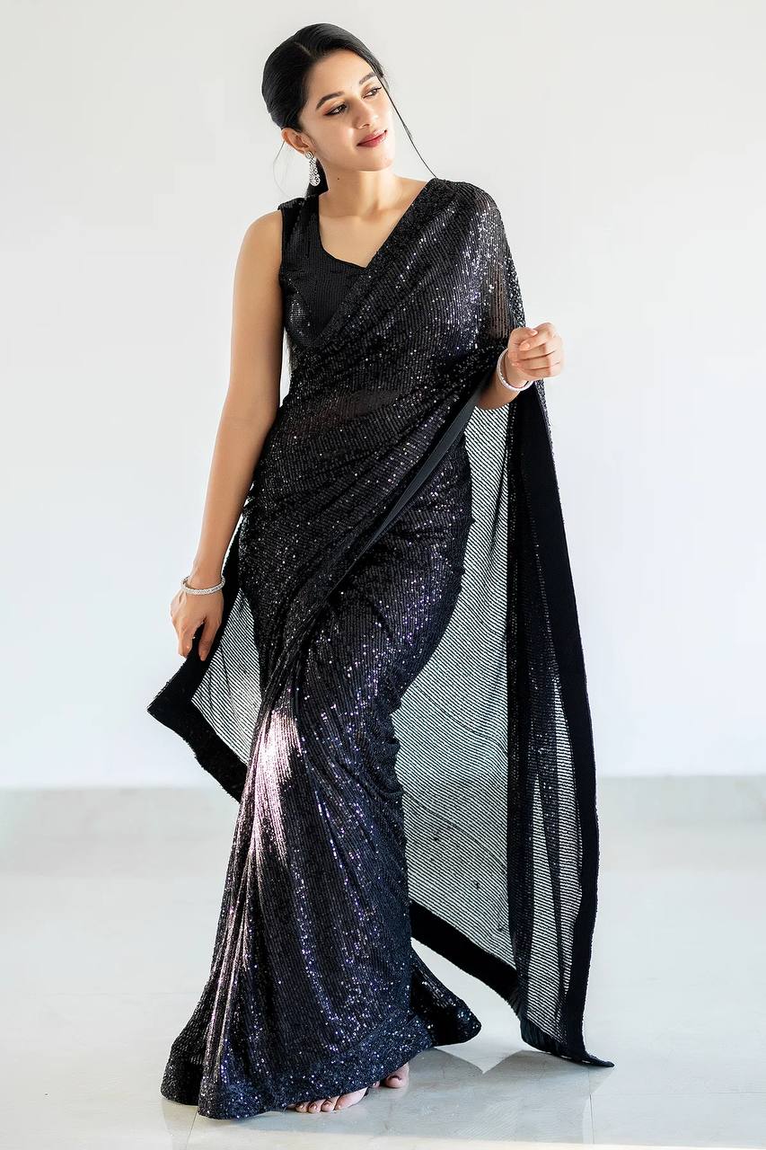 Black Georget saree with sequnece work + piping border - qivii