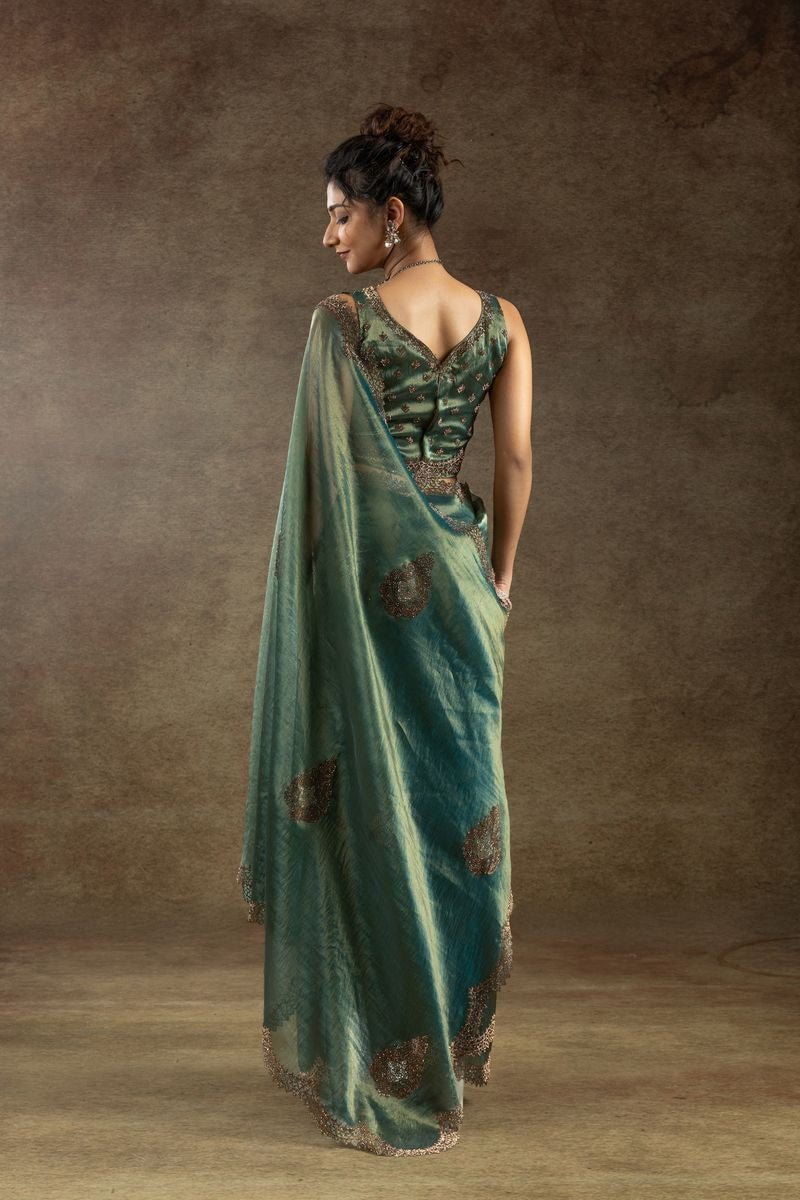 Green Banarasi Silk With Hand Work & Zarkan Work Saree - qivii