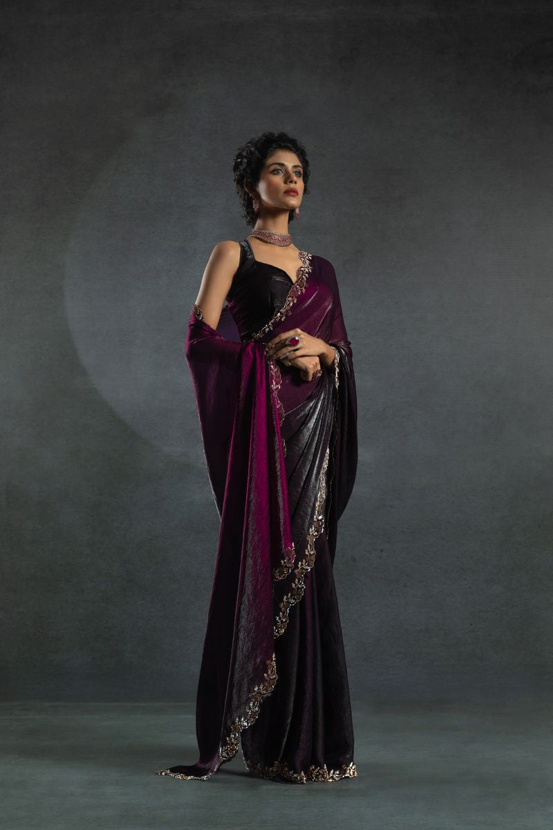 Maroon Two Tone Shaded Satin Silk With Zarkan Handwork & Cut Work Border Saree - qivii