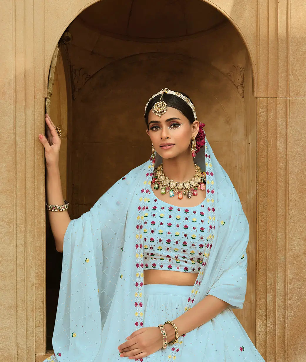 Sky Blue Georgette Thread with Sequence Embroidery Work Lehenga Choli | Ready To Wear - qivii
