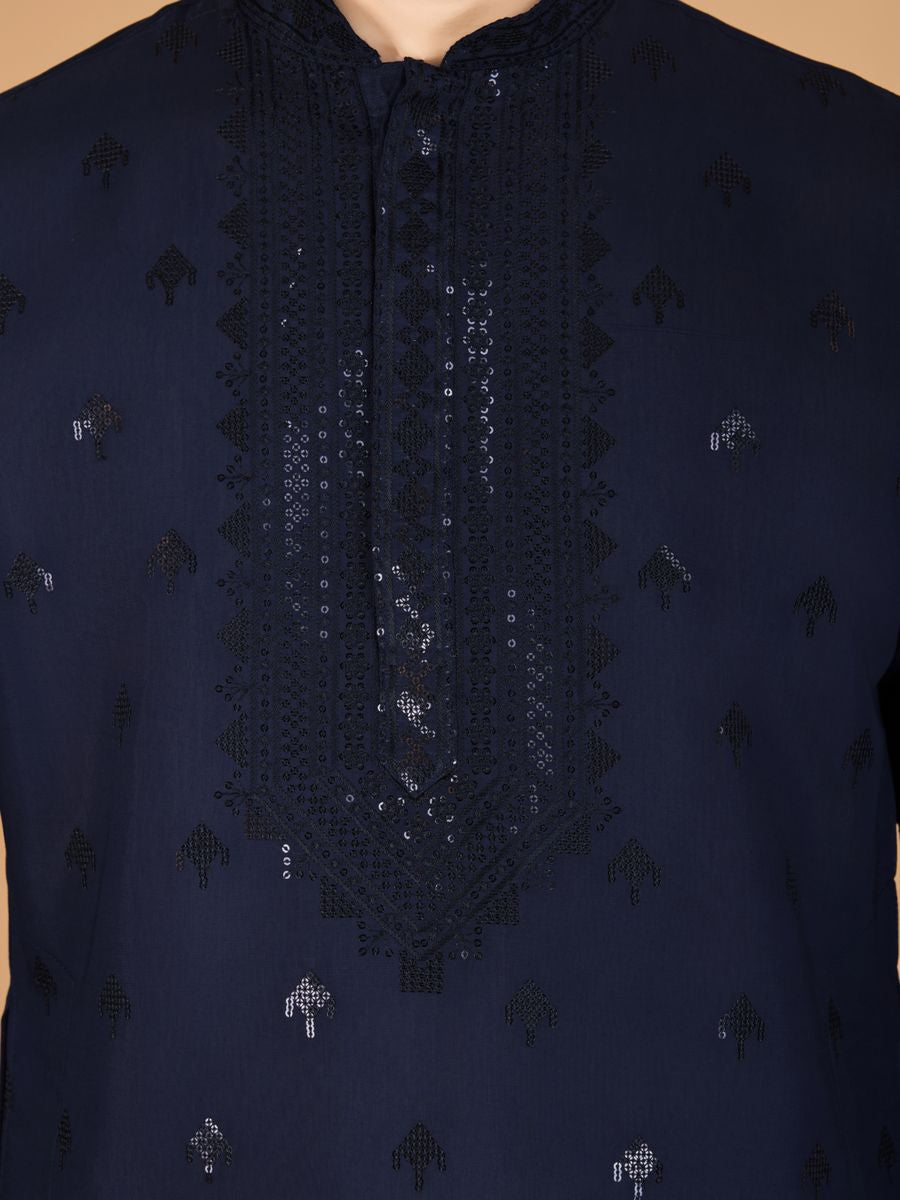 NAVY BLUE VISCOSE SILK THREAD, SEQUENCE EMBROIDERED WORK KURTA SET - qivii
