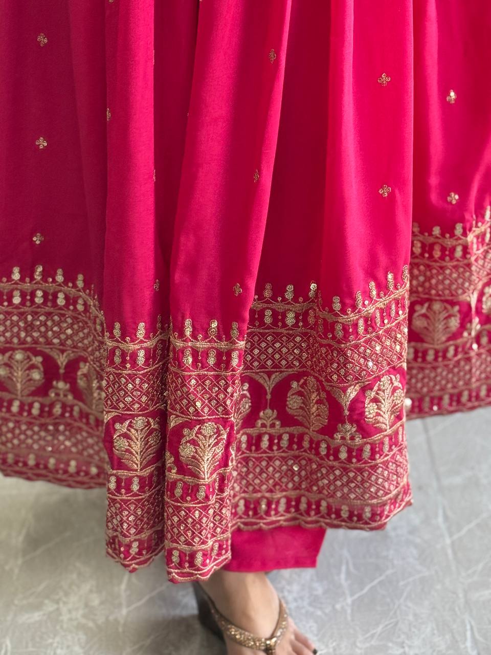 PINK BLOOMING VICHITRA SILK  WITH EMBROIDERY SEQUENCE DESIGN WORK ANARKALI SUIT - qivii