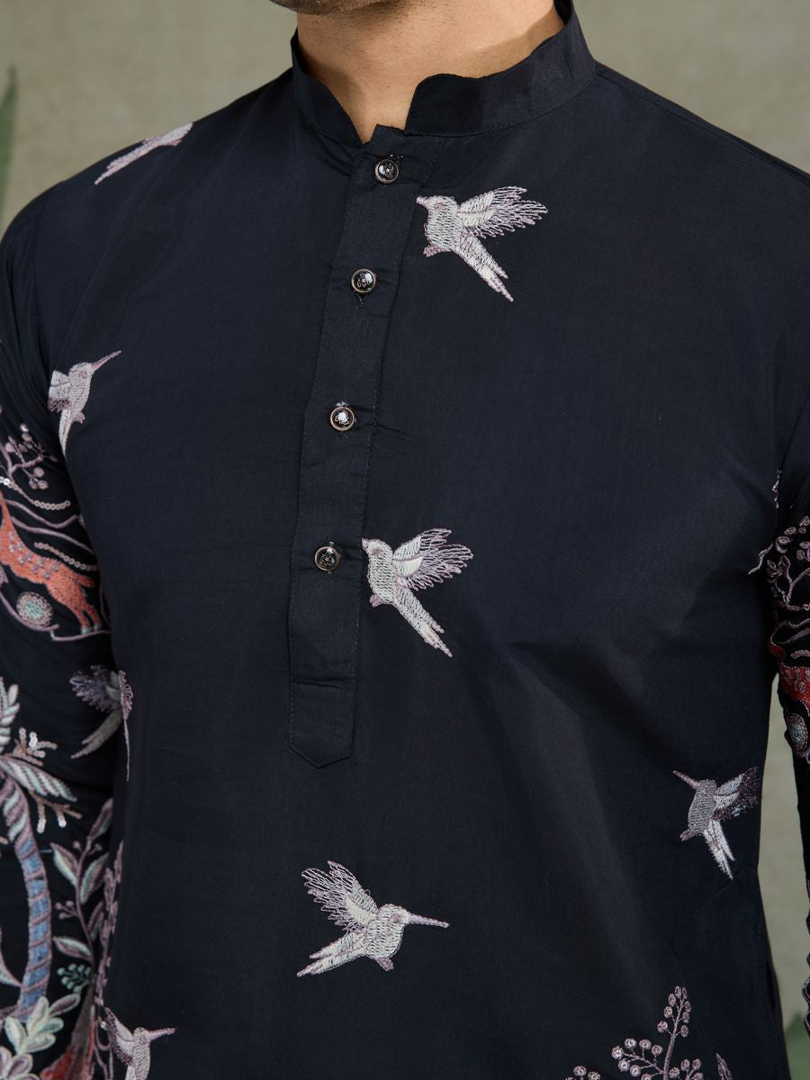 BLACK VISCOSE SILK THREAD & SEQUENCE EMBROIDERED WORK KURTA - qivii