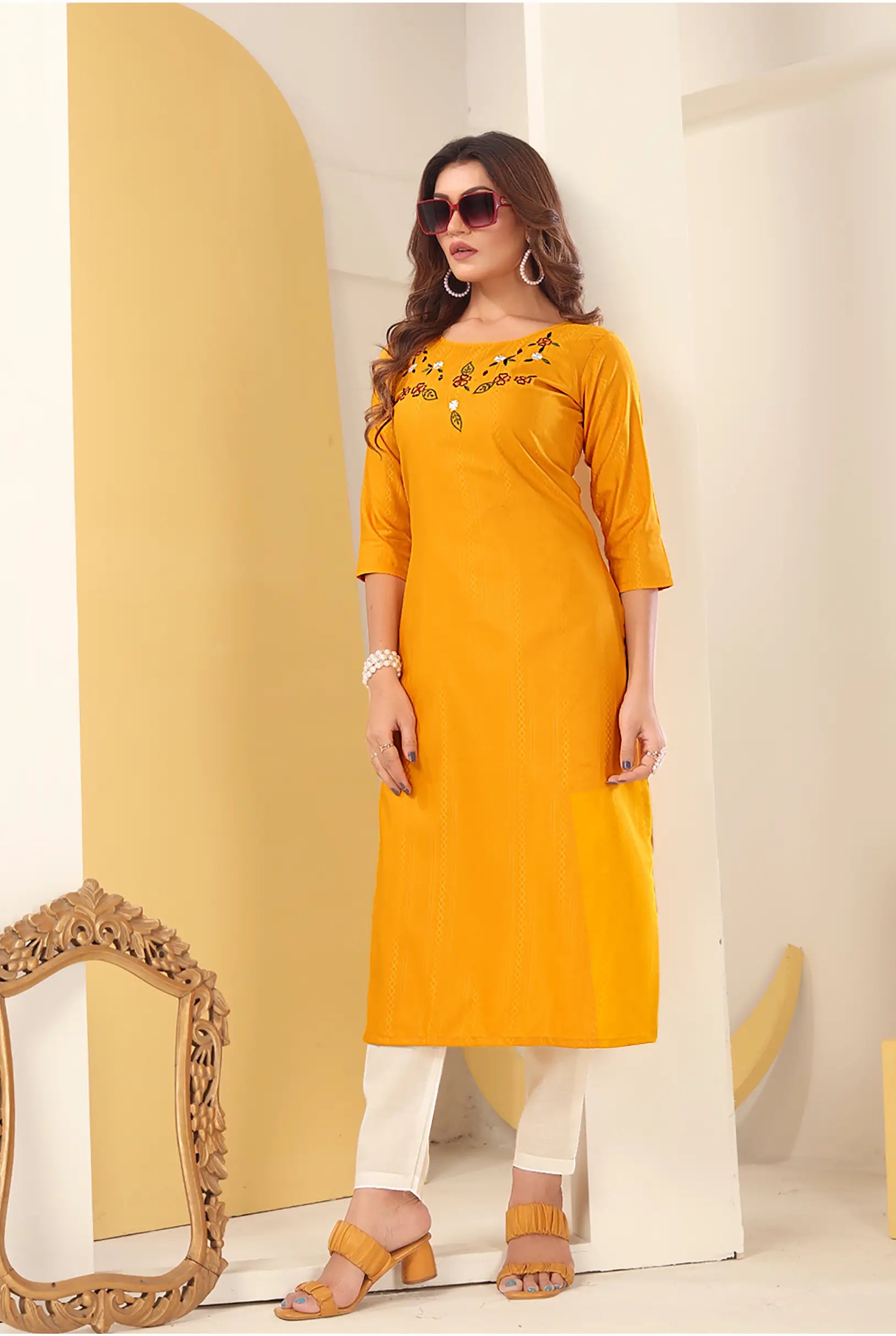 Yellow Silk Straight Kurta Set with Handmade Embroidery - qivii