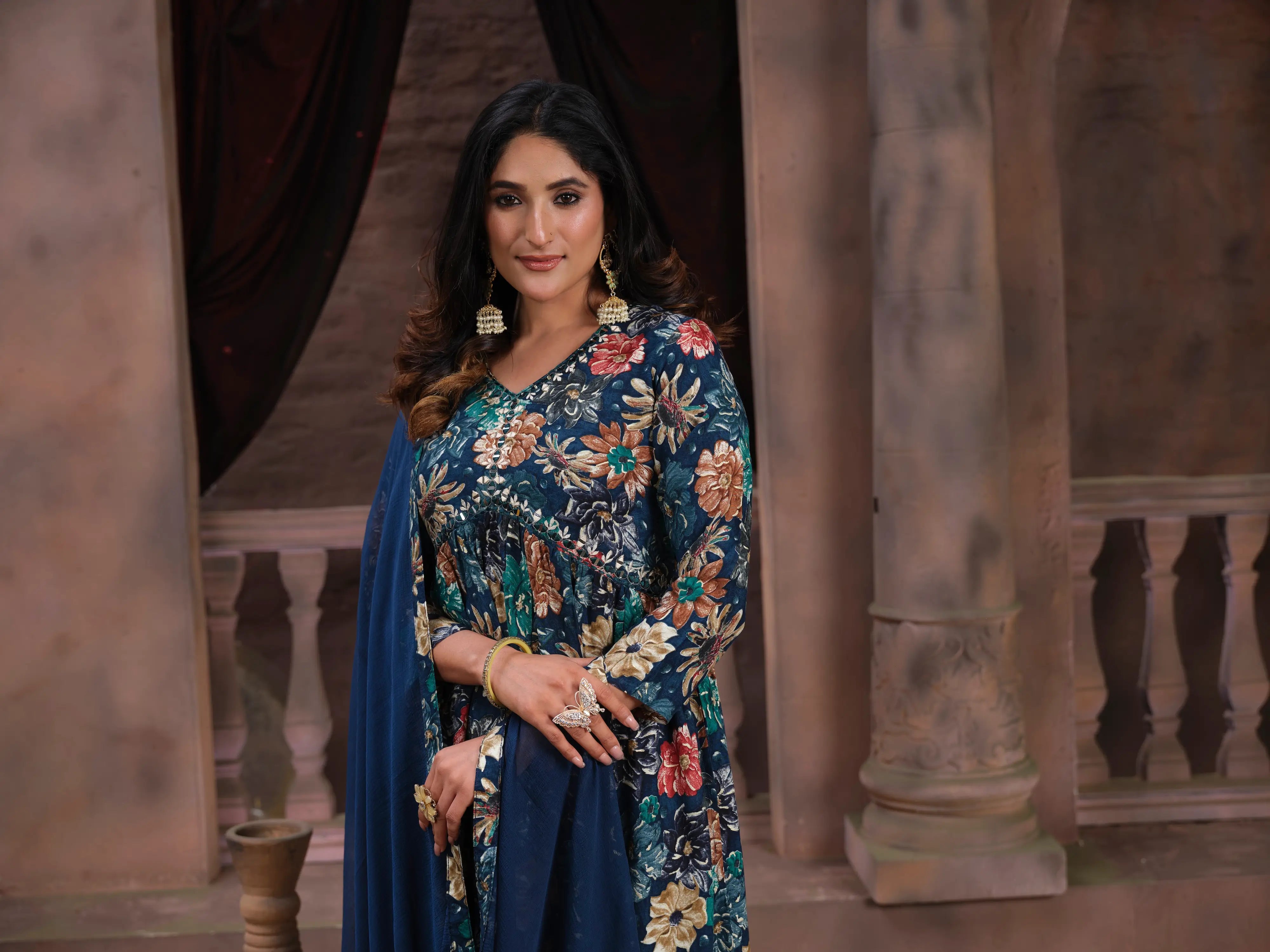 Tealish Blue Handwork Kurta Set with Pant & Dupatta - qivii