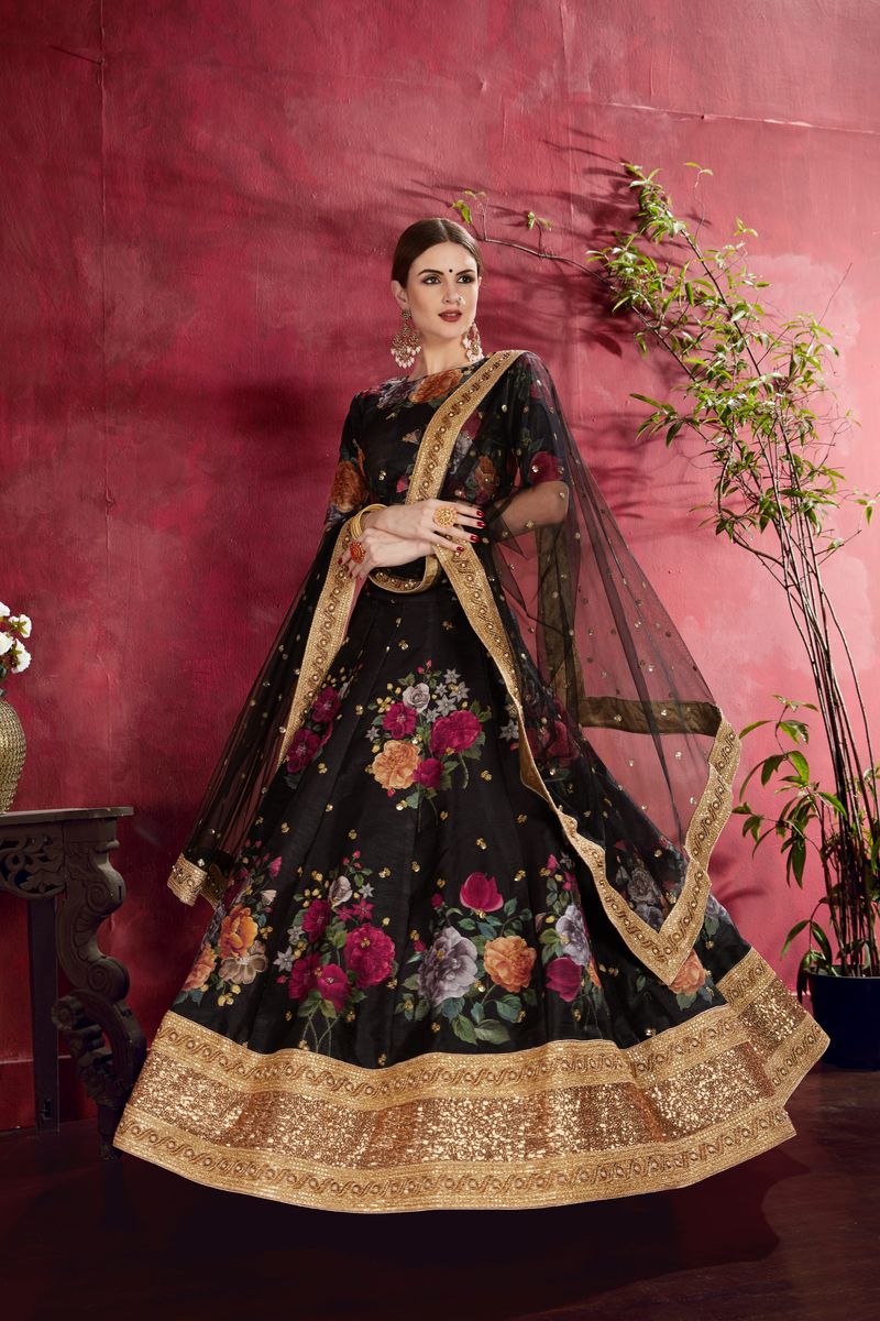 BLACK FLORAL PRINT ,DORI, ZARI AND SEQUINS EMBROIDERY LEHENGA | Ready To Wear - qivii